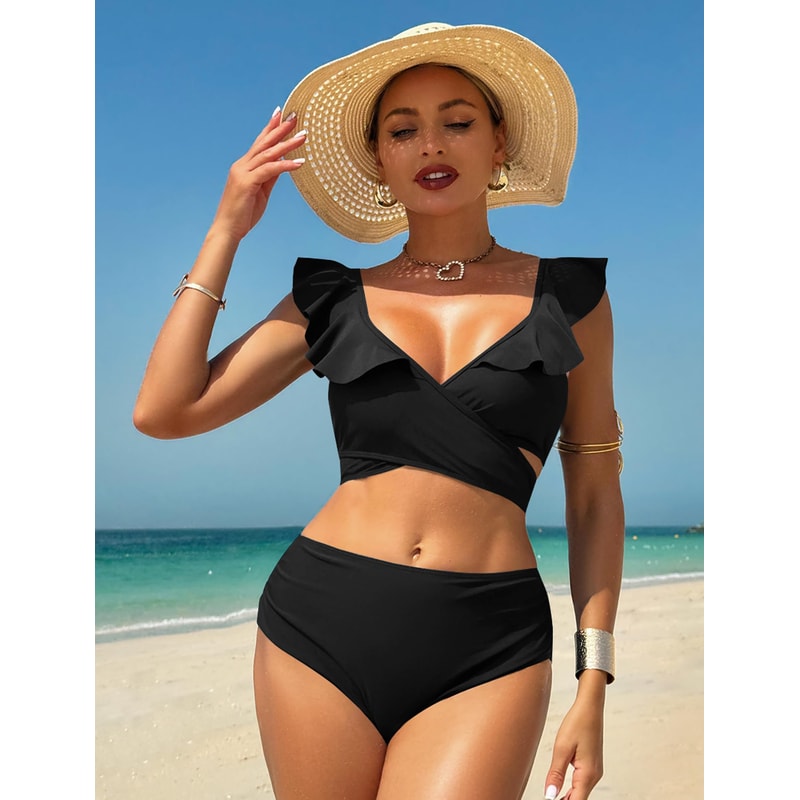 High Waisted Bikini Set For Women Ruffle Two Piece Swimsuit Cross Cutout Ruched Bathing Suit 2