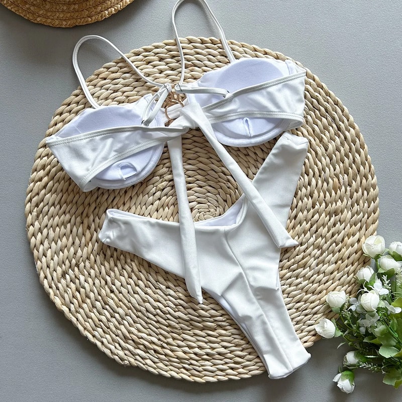 Sexy Metal Sun Ornament Bikinis Sets Women Black White Push Up Underwire Micro Swimsuit 2025 Brazil 1