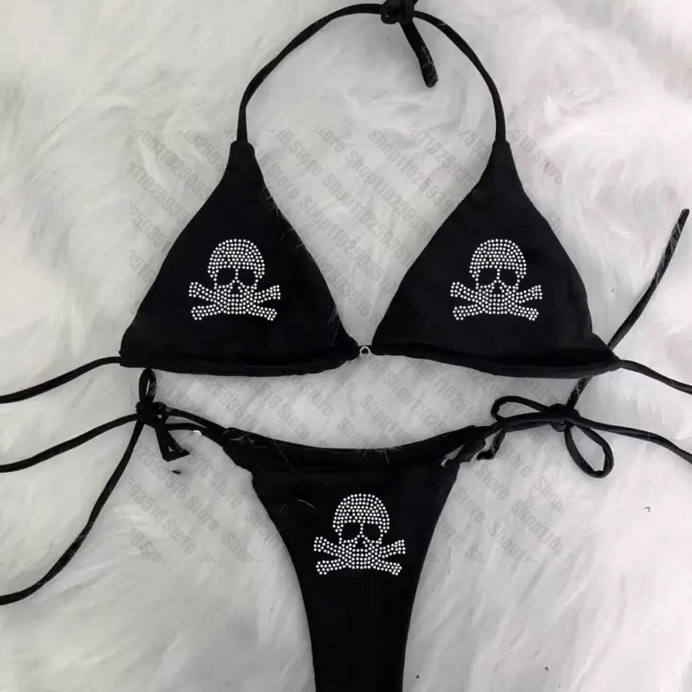 Rhinestones Skull Bikini Set Emo Swimsuit Sexy Print Padded Bra Two Pieces Swimwear Beachwear Bathi 0