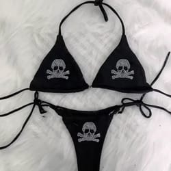 rhinestones skull bikini set emo swimsuit sexy print padded bra two pieces swimwear beachwear bathing suit for women