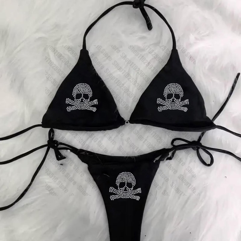 Rhinestones Skull Bikini Set Emo Swimsuit Sexy Print Padded Bra Two Pieces Swimwear Beachwear Bathi 0