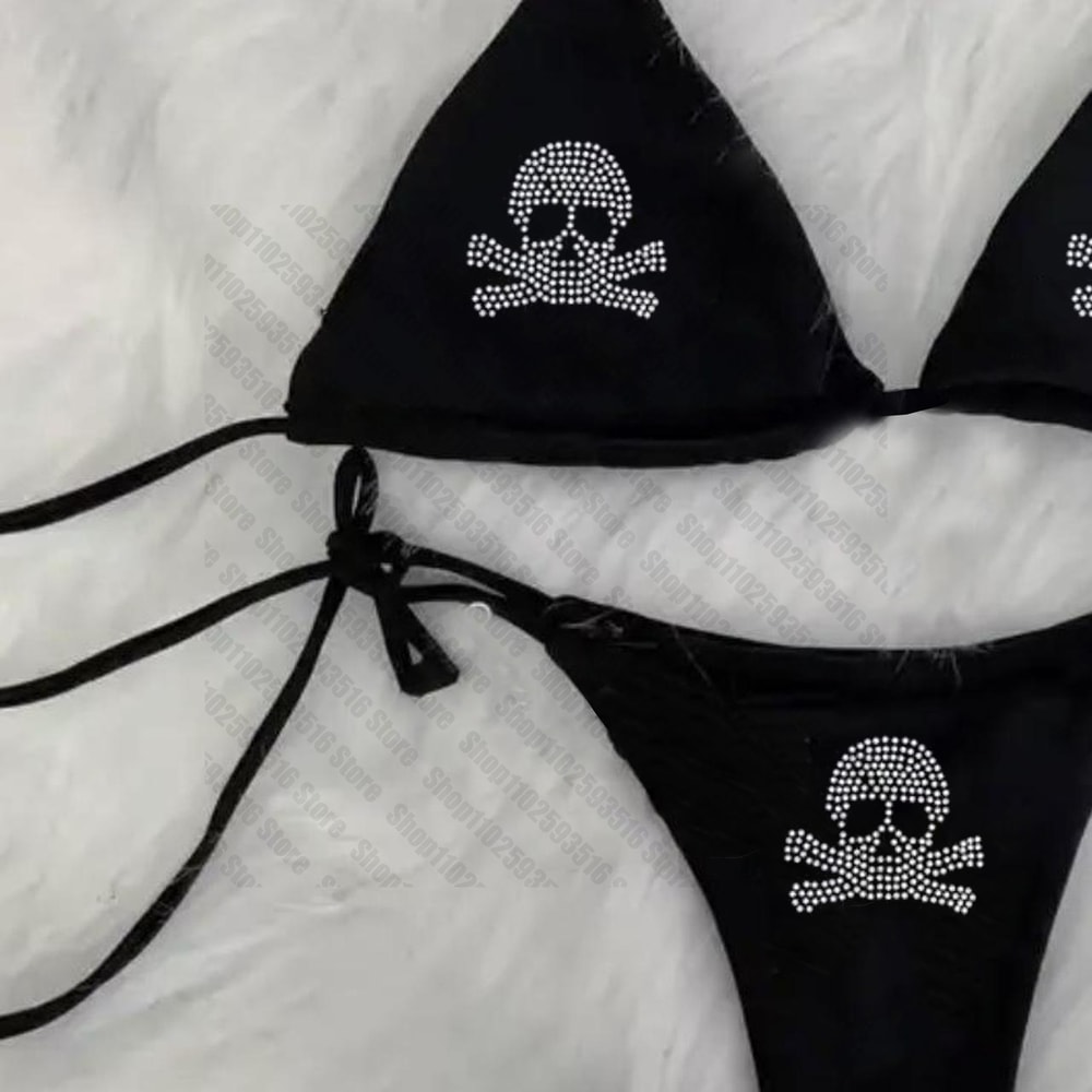 Rhinestones Skull Bikini Set Emo Swimsuit Sexy Print Padded Bra Two Pieces Swimwear Beachwear Bathi 1