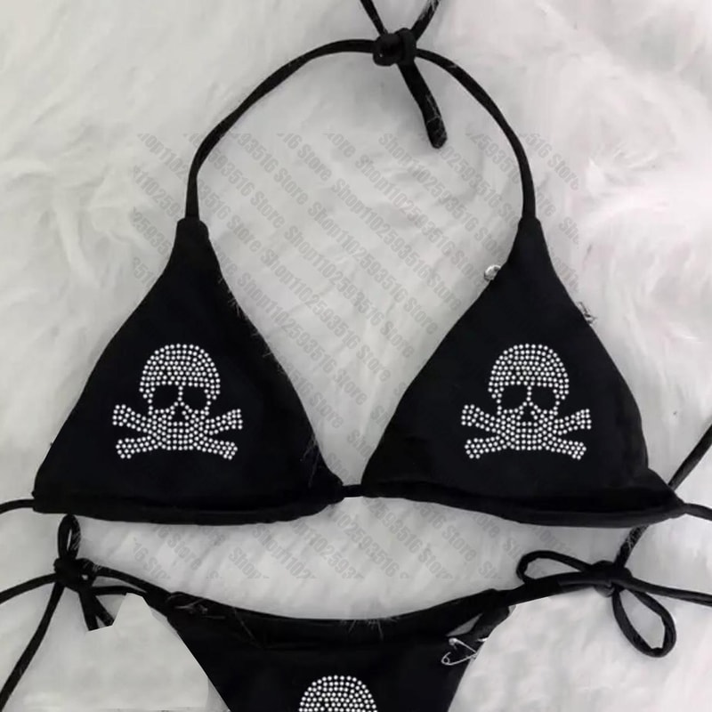 Rhinestones Skull Bikini Set Emo Swimsuit Sexy Print Padded Bra Two Pieces Swimwear Beachwear Bathi 2
