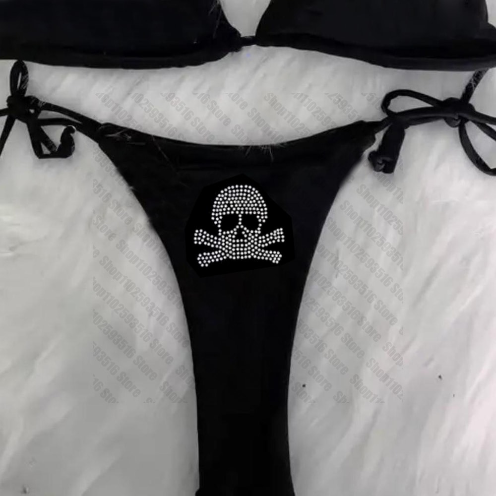 Rhinestones Skull Bikini Set Emo Swimsuit Sexy Print Padded Bra Two Pieces Swimwear Beachwear Bathi 3