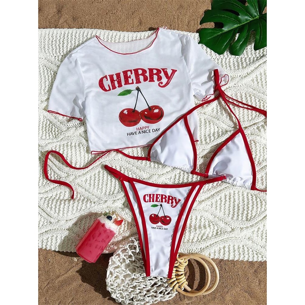 Cherry Printed Bikini Set Women Swimsuit Short Sleeve Bathing Suit For Swim 4