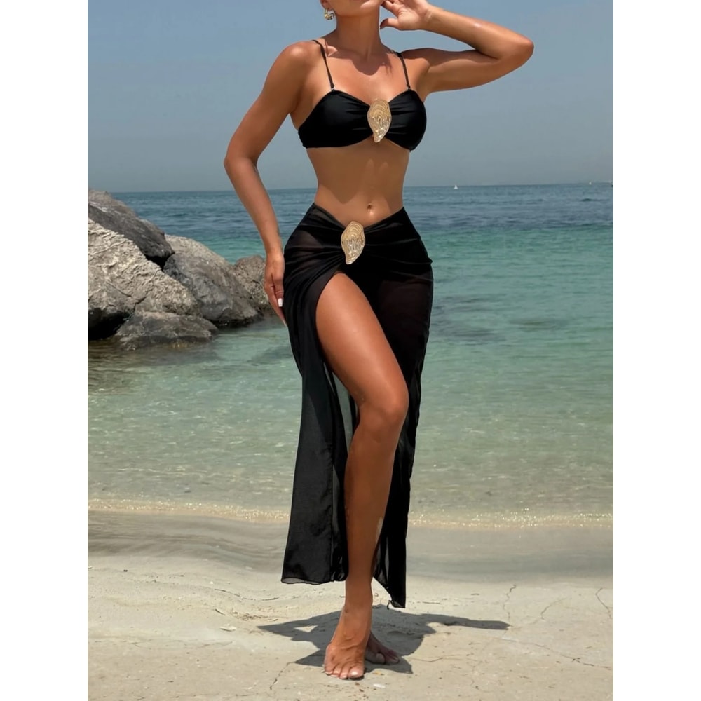 Vintage White Swimsuit Metal Oyster Buckle Bikini Set Push Up Mesh Long Skirt Holiday Bathing Suit 0