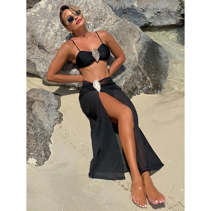 Vintage White Swimsuit Metal Oyster Buckle Bikini Set Push Up Mesh Long Skirt Holiday Bathing Suit 1