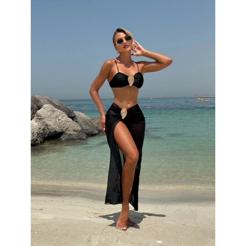 Vintage White Swimsuit Metal Oyster Buckle Bikini Set Push Up Mesh Long Skirt Holiday Bathing Suit 4