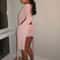 Beyprern Pink Holiday Outfits Elegant Flare Sleeve V Neck Ruched Sheer Mesh Short Dress Beach Cover 1