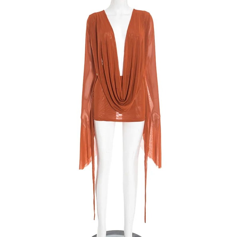 Beyprern Pink Holiday Outfits Elegant Flare Sleeve V Neck Ruched Sheer Mesh Short Dress Beach Cover 3