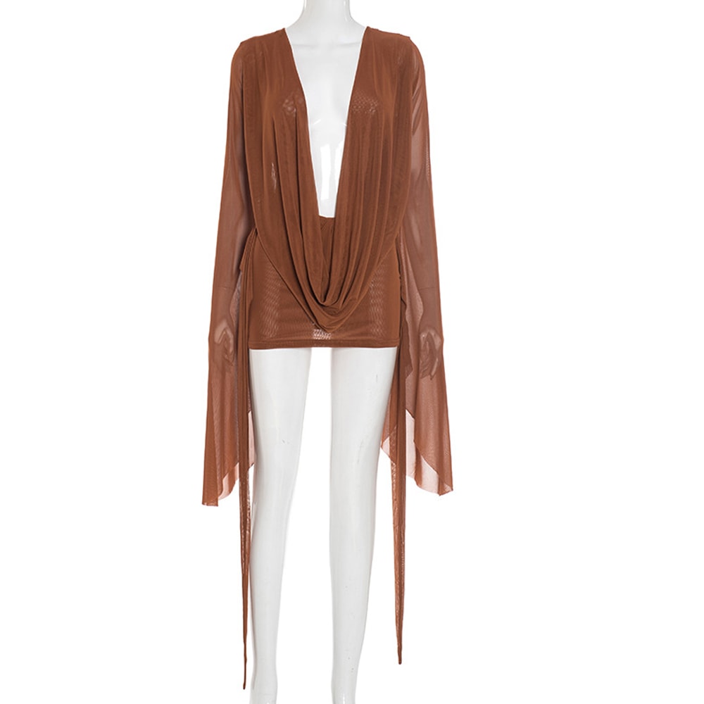 Beyprern Pink Holiday Outfits Elegant Flare Sleeve V Neck Ruched Sheer Mesh Short Dress Beach Cover 4