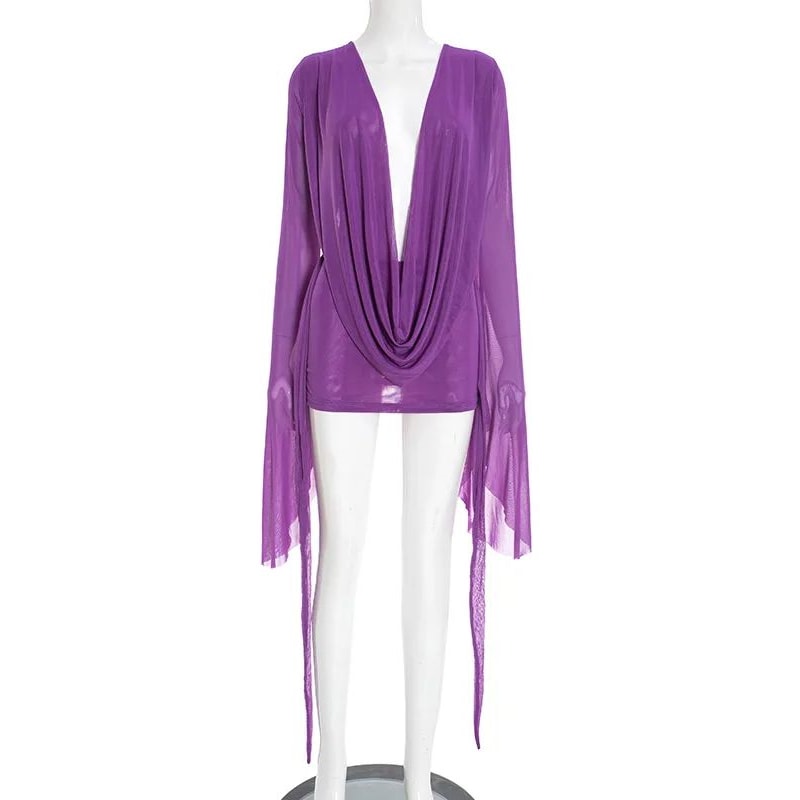 Beyprern Pink Holiday Outfits Elegant Flare Sleeve V Neck Ruched Sheer Mesh Short Dress Beach Cover 5