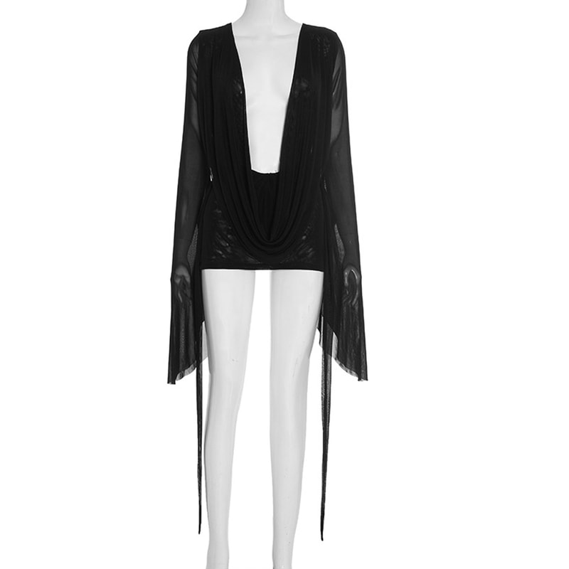 Beyprern Pink Holiday Outfits Elegant Flare Sleeve V Neck Ruched Sheer Mesh Short Dress Beach Cover 6