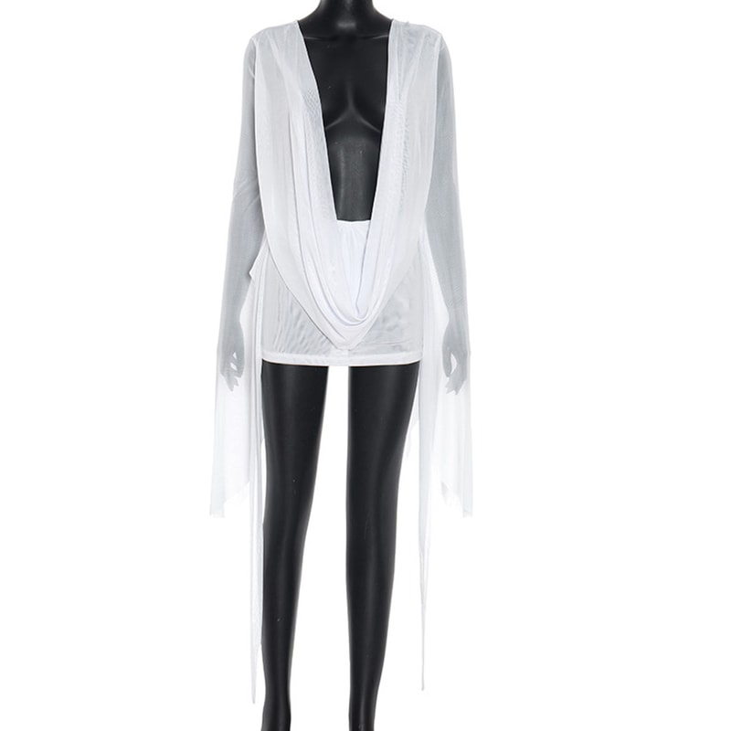 Beyprern Pink Holiday Outfits Elegant Flare Sleeve V Neck Ruched Sheer Mesh Short Dress Beach Cover 7