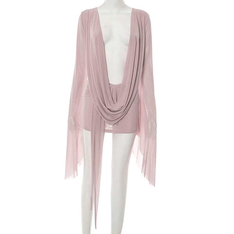 Beyprern Pink Holiday Outfits Elegant Flare Sleeve V Neck Ruched Sheer Mesh Short Dress Beach Cover 8