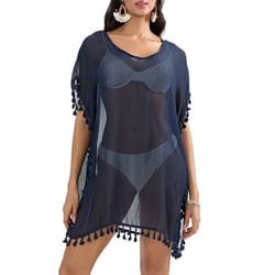 tassel trim bikini cover up, beach dress women see-through, summer swimsuit mini dress cover-ups, sunscreen dress
