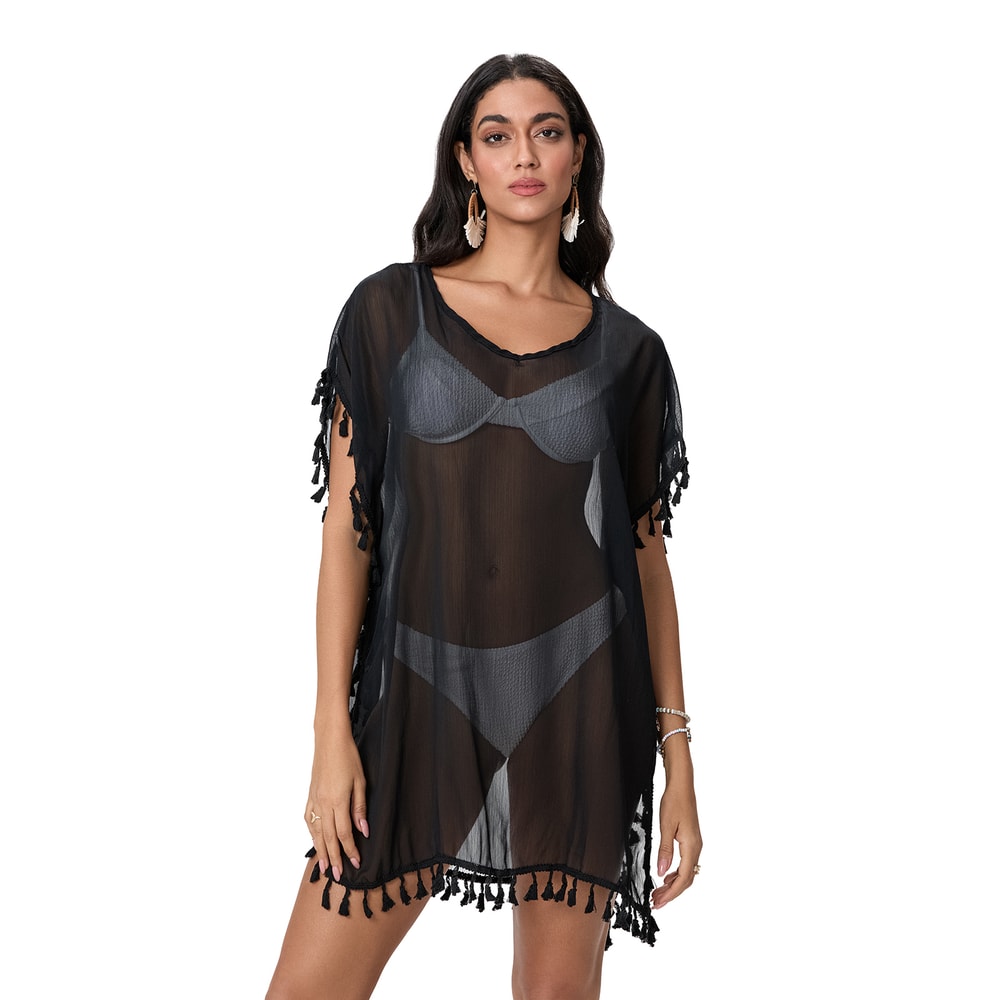 Tassel Trim Bikini Cover Up Beach Dress Women SeeThrough Summer Swimsuit Mini Dress Coverups Sunscr 3