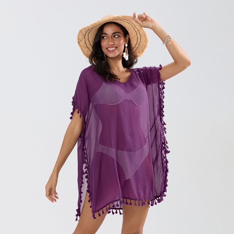Tassel Trim Bikini Cover Up Beach Dress Women SeeThrough Summer Swimsuit Mini Dress Coverups Sunscr 4