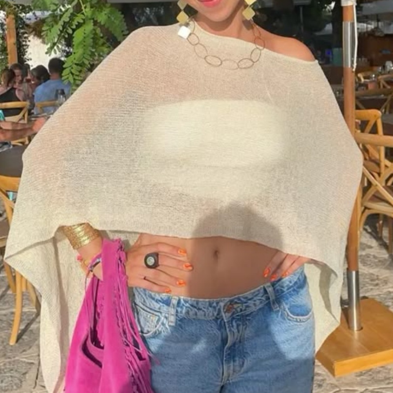 Women Knit Coverups Summer Loose Pullover Smock Crop Tops Autumn Seethrough Irregular Summer Beach 2