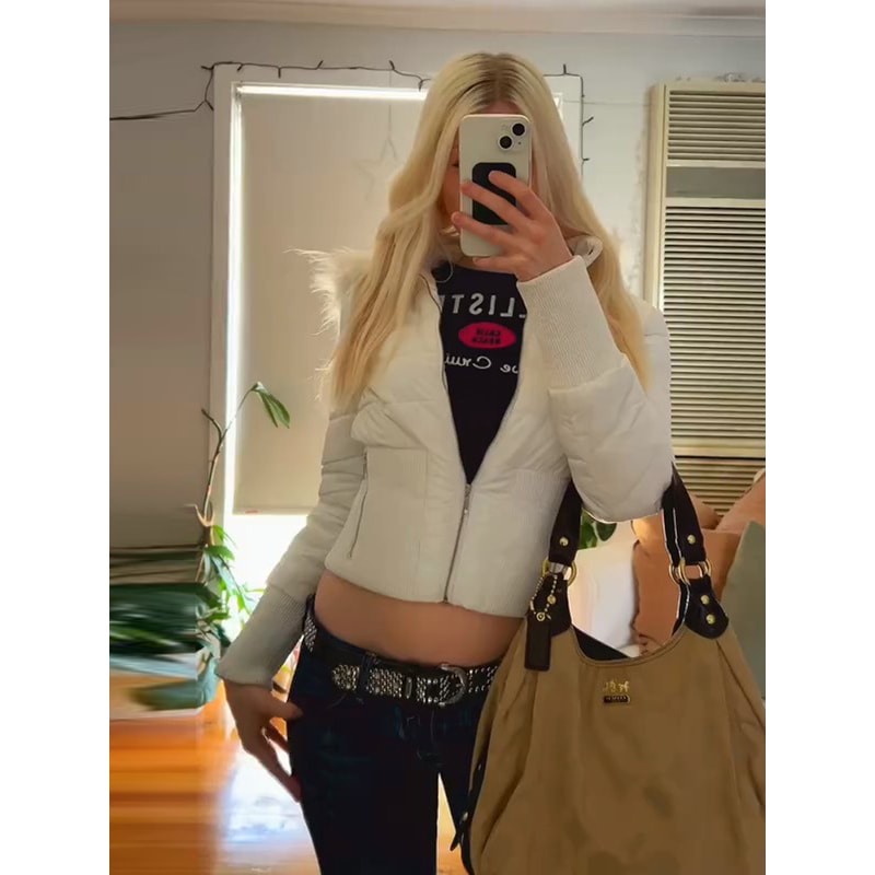 Chic Womens Cotton Coat Withe Faux Fur Hat Full Sleeve Zipper Solid Female Short Coats 2025 Autumn