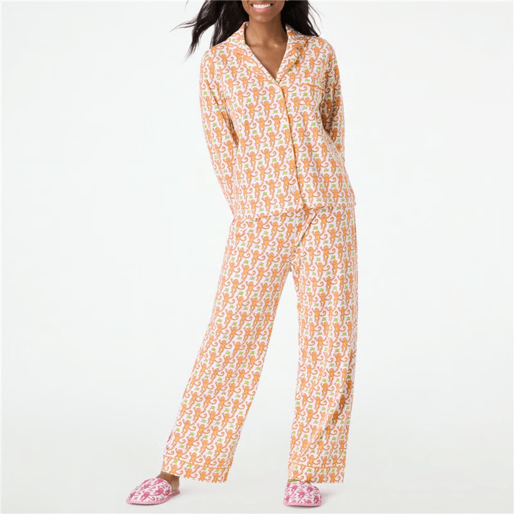 Preppy Monkey Pajama Set For Women Cute Printed Long Sleeve Loungewear Outfit 3