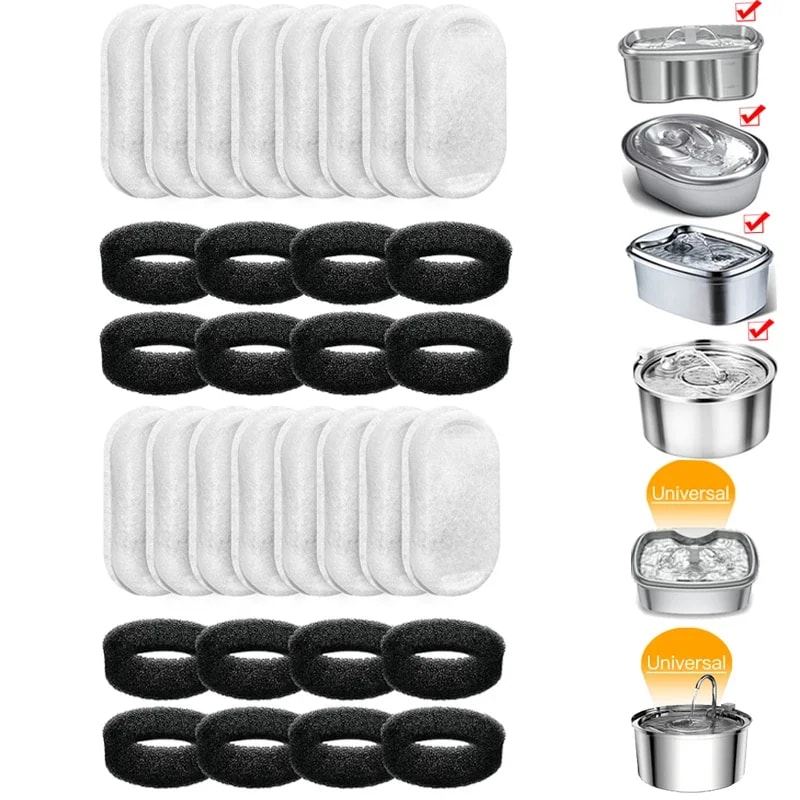 Cat Water Fountain Filters with Sponges for 108oz/3.2L & 67oz/2L Stainless Steel Pet Fountains