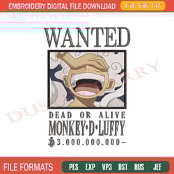 one piece monkey d. luffy wanted poster embroidery file