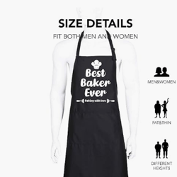 "Ihopes Humorous Black Chef Apron - Best Baker Ever Design for Women and Men - Adorable Kitchen Apron with 2 Pockets and