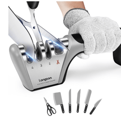 "Longzon 4-in-1 Knife Sharpener Kit: Includes Cut-Resistant Glove, Ideal for Ceramic and Steel Knives, Scissors - Premiu