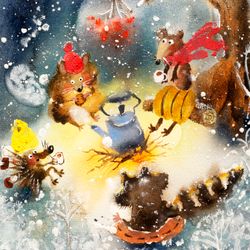 Original Watercolour Painting Animals, Winter hut of Animals