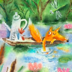 Original work by Julia Schigal "Fox in a boat" - watercolor, gouache