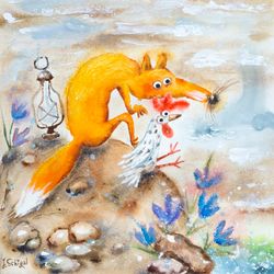 Original work by Julia Schigal "Fox and Chicken" - watercolor, gouache