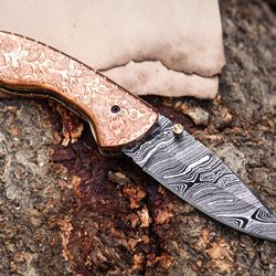 Damascus Pocket knife, engraved knife, handmade knife, hand forged knife Personalized knife Leather Sheath