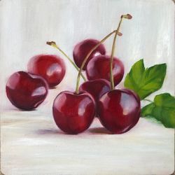 Cherries Oil Painting Original Art Berries Still Life Small Oil Paintings 6"x6"