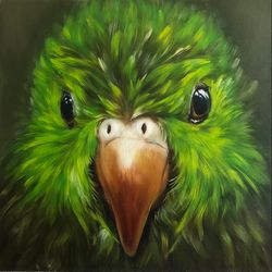 Bird Oil Painting Original Art Green Parrot Artwork 12"x12"