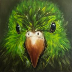 bird oil painting original art green parrot artwork 12"x12"