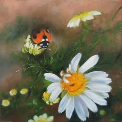 Ladybug Painting Original Art Camomile Oil Painting Small Artwork 8"x8"