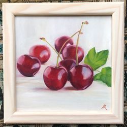 Cherries Oil Painting Berries Still Life Small Artwork Framed 15x15 cm