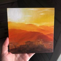 Sunset Oil Painting Small Landscape Artwork 15x15 cm