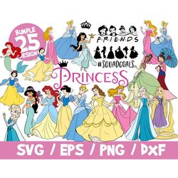 Disney princess svg bundle cricut silhouette cinderella little mermaid jasmin ariel clipart