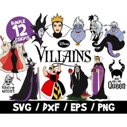 Disney villains svg bundle halloween vector maleficent cruella cricut ursula evil queen what's up witches