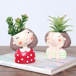Cute Girl Mini Succulent Planter, Organizer Flower Pot Resin Vase