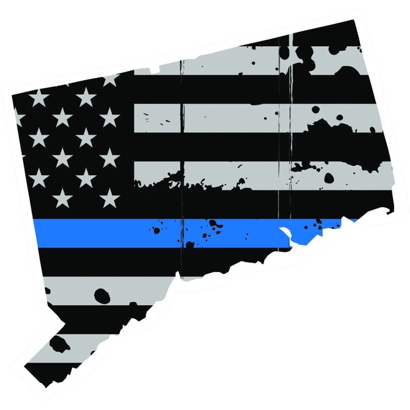 Distressed Thin Blue Line Connecticut State Shaped Subdued US Flag Sticker Self Adhesive Vinyl CT - C3785.png