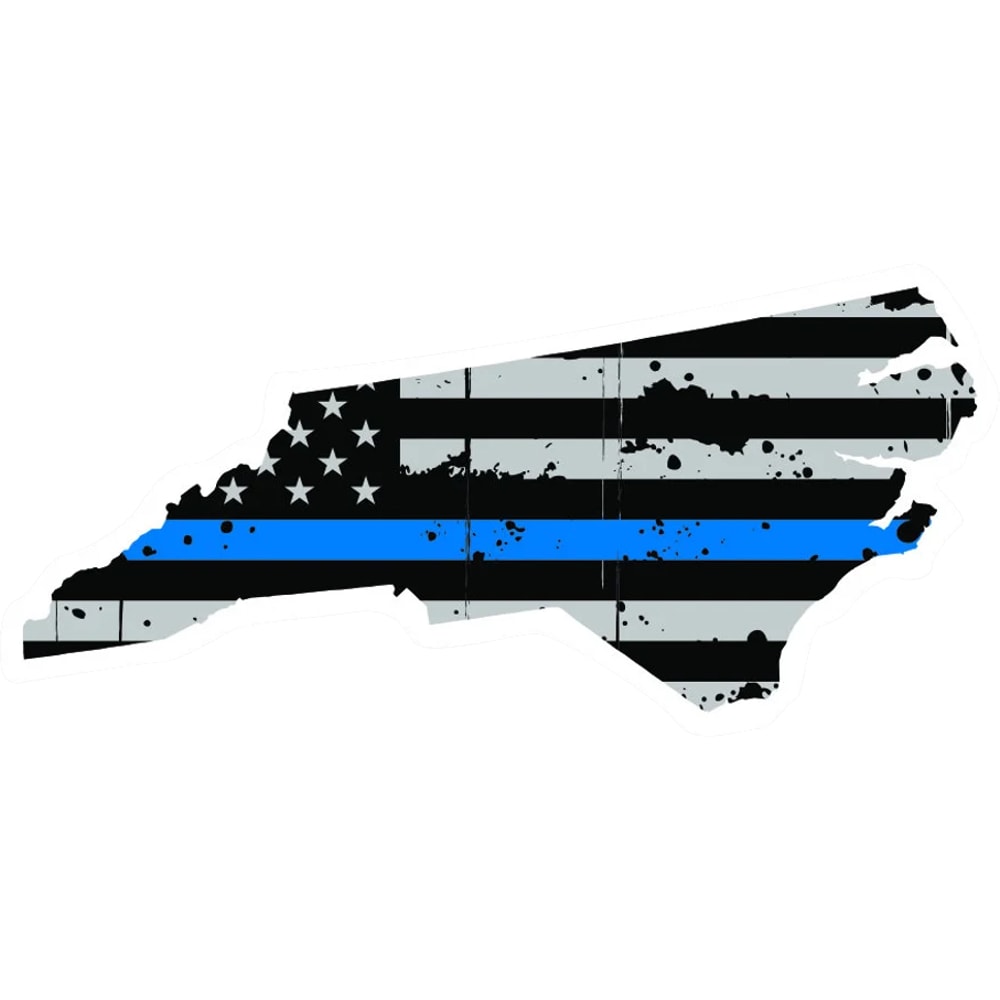 Distressed Thin Blue Line North Carolina State Shaped Subdued US Flag Sticker Self Adhesive Vinyl - C3885.png