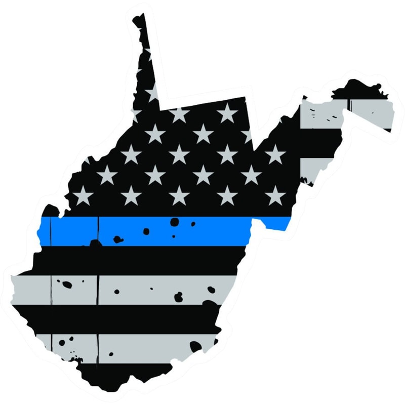 Distressed Thin Blue Line West Virginia State Shaped Subdued US Flag Sticker Self Adhesive Vinyl - C3945.png