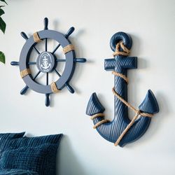 ocean theme room wall decor, mediterranean wooden anchor, nautical photo wall accessories, decorative hanging ship piece