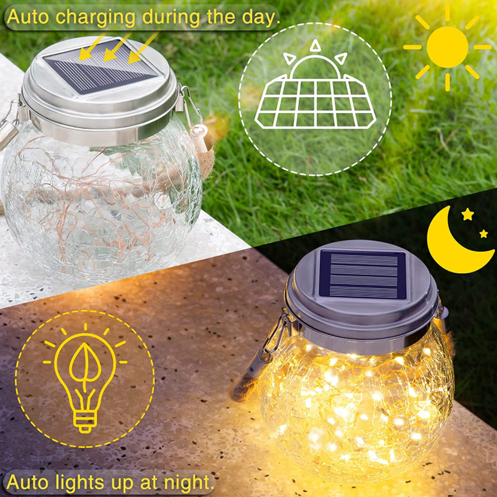 Outdoor String Lights For Garden Patio Yard Tree Solar Cracked Glass Jar Lamp Waterproof Warm White