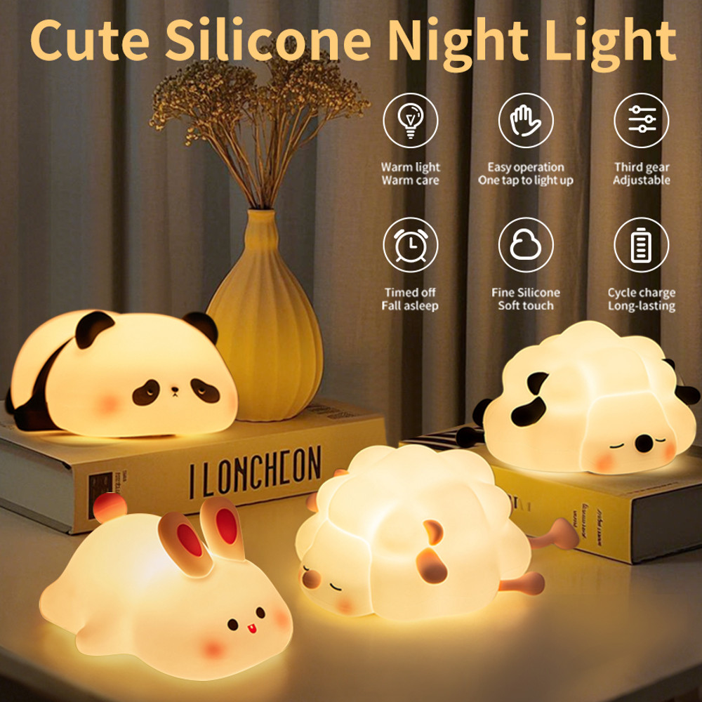 Touch Silicone Nightlights USB Rechargeable LED Night Light Cute Panda Sheep Rabbit Bedroom Decor L 0