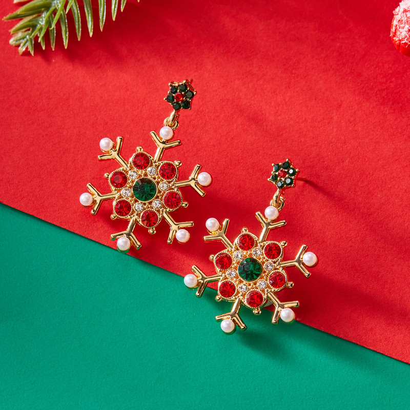 Crystal Zircon Pearl Earrings, Christmas Snowflake Stud, Dangle Piercing Jewelry for Women, Holiday Party Gifts for Girl