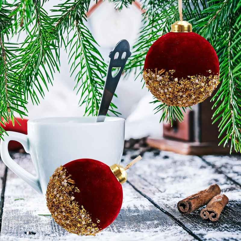 Red Christmas Balls Ornaments Red Glitter Sequin Velvet Christmas Tree Hanging Balls for Home Wedding Party Decor